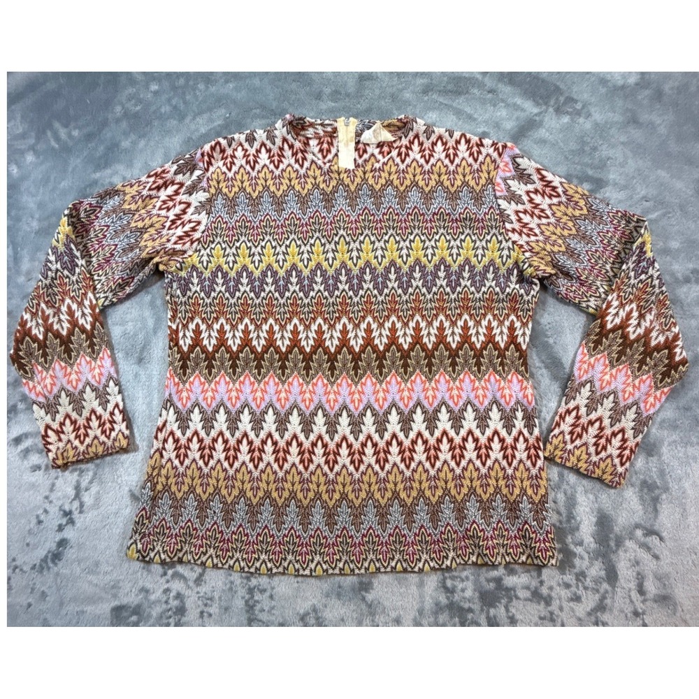 VTG Starlight Trading Inc Chevron Leaf Knit Top Blouse Back Zip Japan Med 70s
